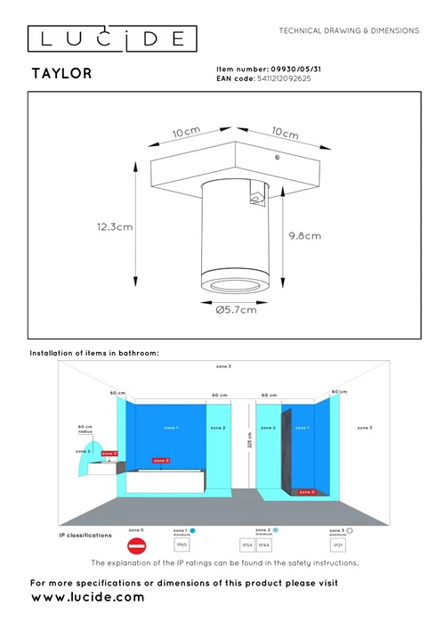 Lucide TAYLOR - Spot plafond Salle de bains - LED Dim to warm - GU10 - 1x5W 2200K/3000K - IP44 - Blanc - technique